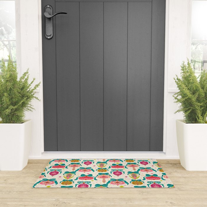 Retro Christmas Ornaments with Bow and Stars Holiday Pattern Welcome Mat Gallery Image 3