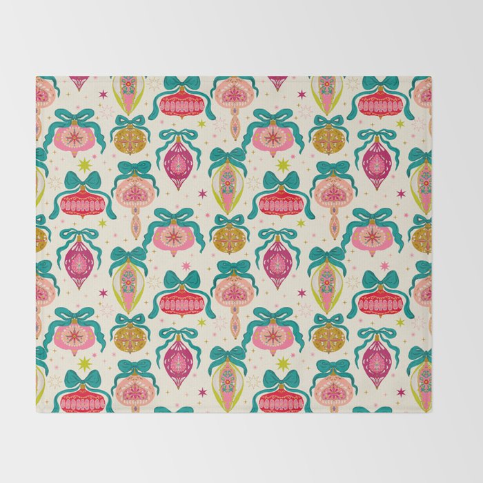Retro Christmas Ornaments with Bow and Stars Holiday Pattern Throw Blanket Gallery Image 2
