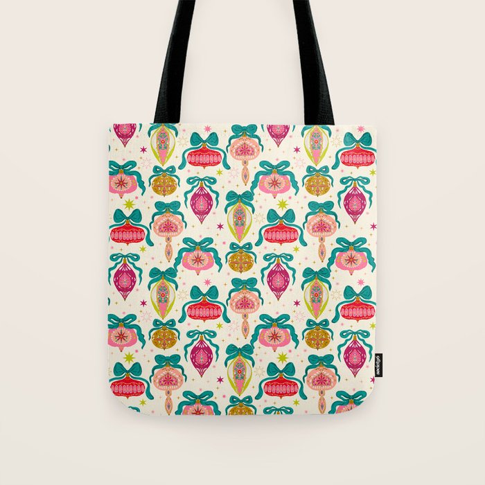 Retro Christmas Ornaments with Bow and Stars Holiday Pattern Tote Bag Gallery Image 1