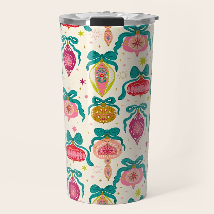 Retro Christmas Ornaments with Bow and Stars Holiday Pattern Travel Mug Gallery Image 1