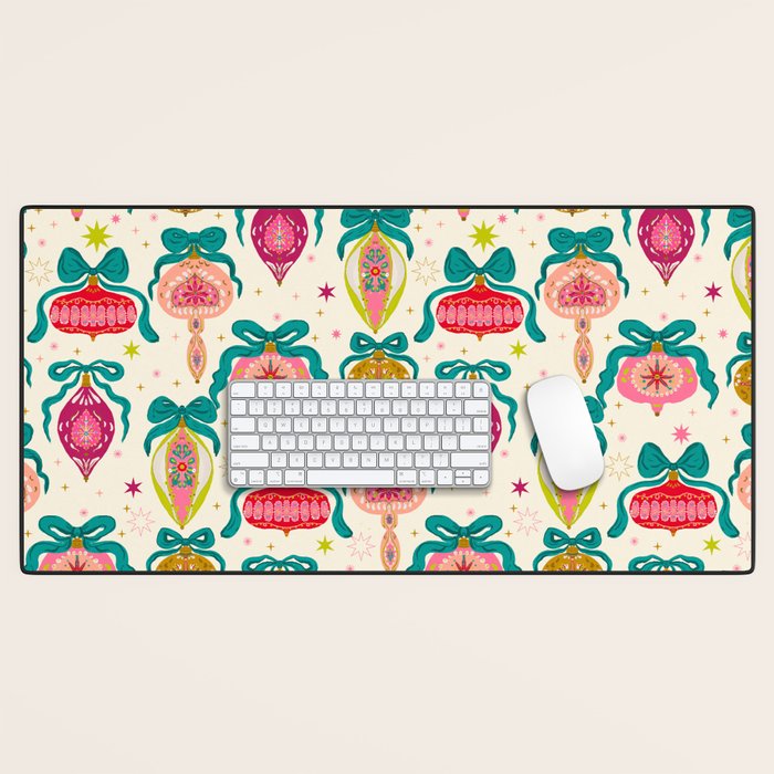 Retro Christmas Ornaments with Bow and Stars Holiday Pattern Desk Mat Gallery Image 1