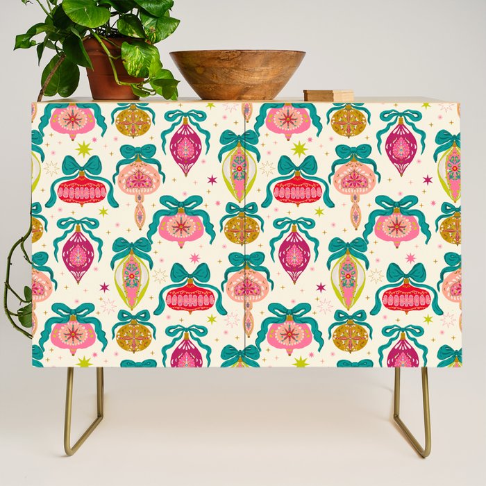 Retro Christmas Ornaments with Bow and Stars Holiday Pattern Credenza Gallery Image 1