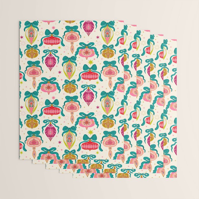 Retro Christmas Ornaments with Bow and Stars Holiday Pattern Wrapping Paper Gallery Image 3