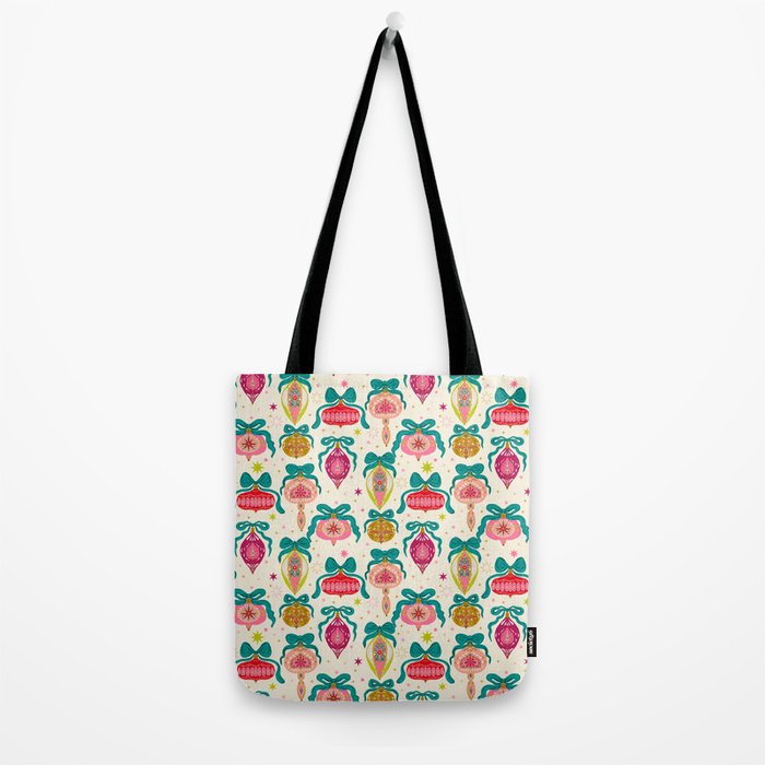 Retro Christmas Ornaments with Bow and Stars Holiday Pattern Tote Bag Gallery Image 2