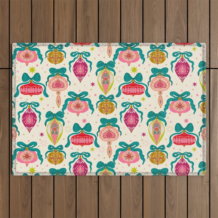 Retro Christmas Ornaments with Bow and Stars Holiday Pattern Outdoor Rug Gallery Image 1