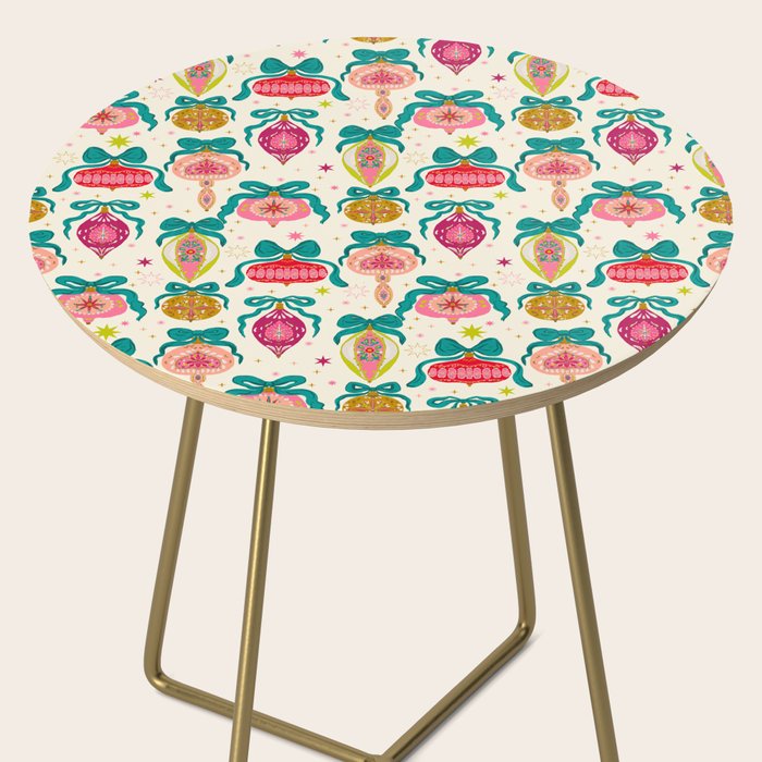 Retro Christmas Ornaments with Bow and Stars Holiday Pattern Side Table Gallery Image 2
