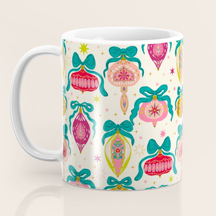 Retro Christmas Ornaments with Bow and Stars Holiday Pattern Coffee Mug Gallery Image 3