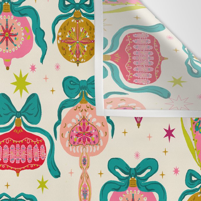 Retro Christmas Ornaments with Bow and Stars Holiday Pattern Wall Tapestry Gallery Image 3