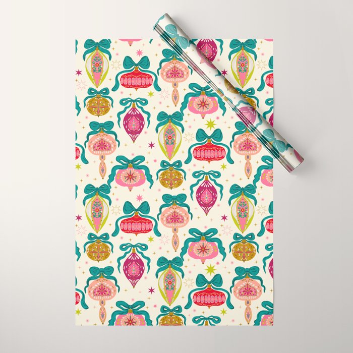 Retro Christmas Ornaments with Bow and Stars Holiday Pattern Wrapping Paper Gallery Image 1
