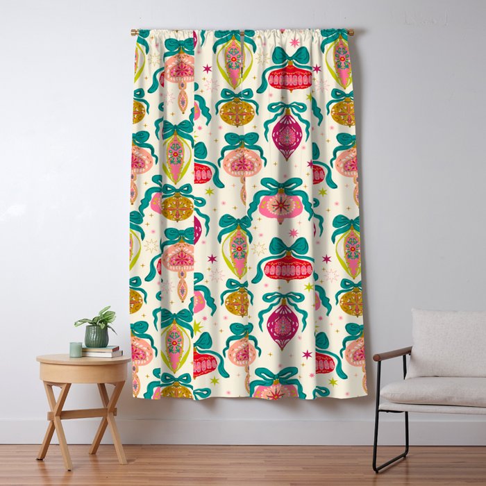 Retro Christmas Ornaments with Bow and Stars Holiday Pattern Window Curtain Gallery Image 5