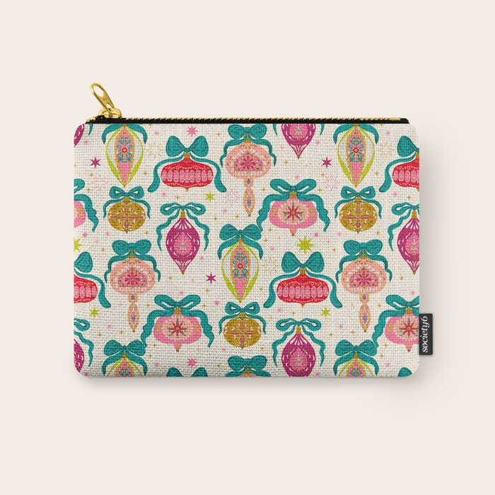 Retro Christmas Ornaments with Bow and Stars Holiday Pattern Carry All Pouch Gallery Image 1