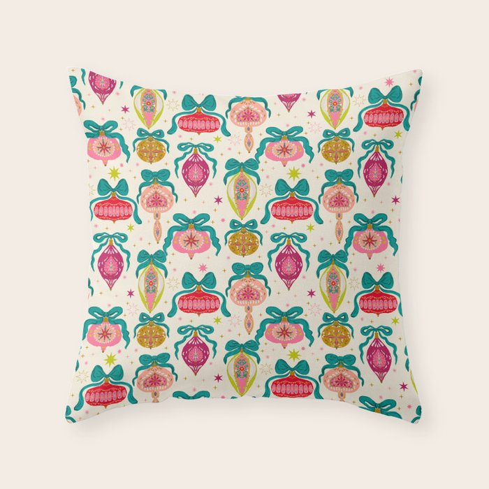 Retro Christmas Ornaments with Bow and Stars Holiday Pattern Throw Pillow Gallery Image 6