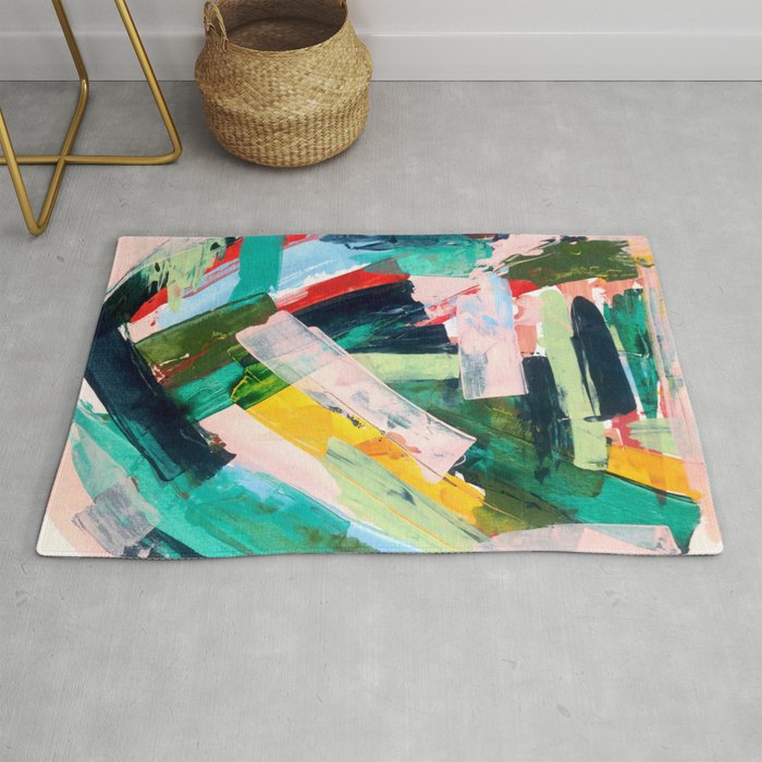 Livin' Easy - a bright abstract piece in blues, greens, yellow and red Rug Gallery Image 1