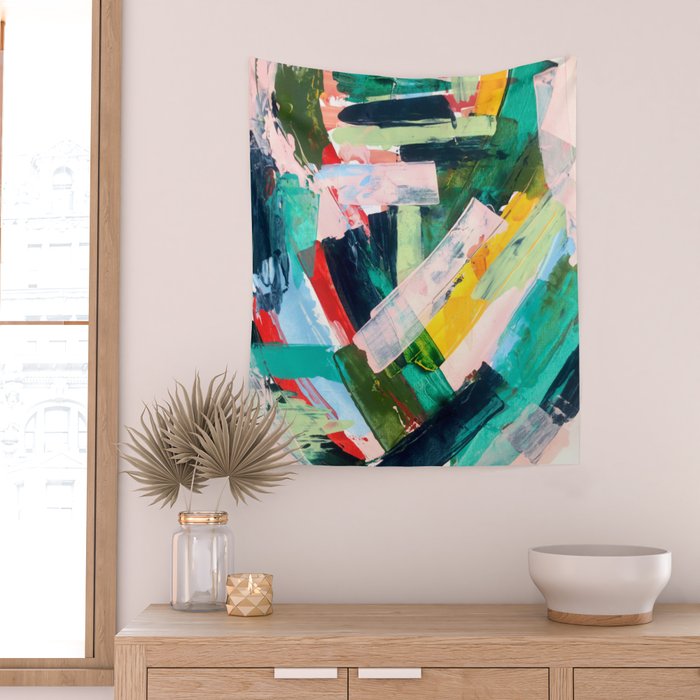 Livin' Easy - a bright abstract piece in blues, greens, yellow and red Wall Tapestry Gallery Image 2