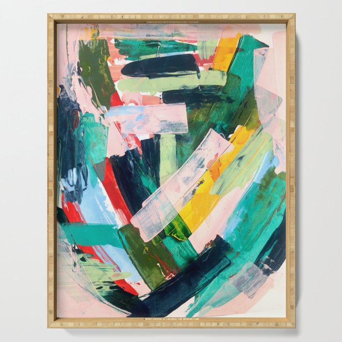 Livin' Easy - a bright abstract piece in blues, greens, yellow and red Serving Tray Gallery Image 1