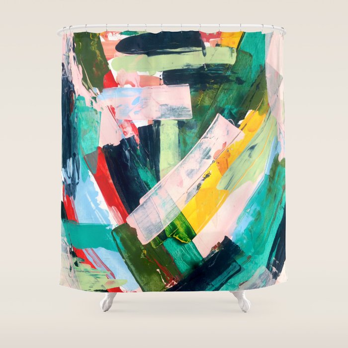 Livin' Easy - a bright abstract piece in blues, greens, yellow and red Shower Curtain Gallery Image 1