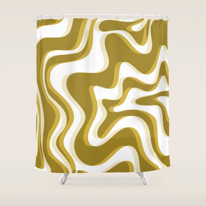 Trippy Glitch Retro Liquid Swirl Psychedelic Dark Mustard Abstract Pattern  Shower Curtain Gallery Image 1