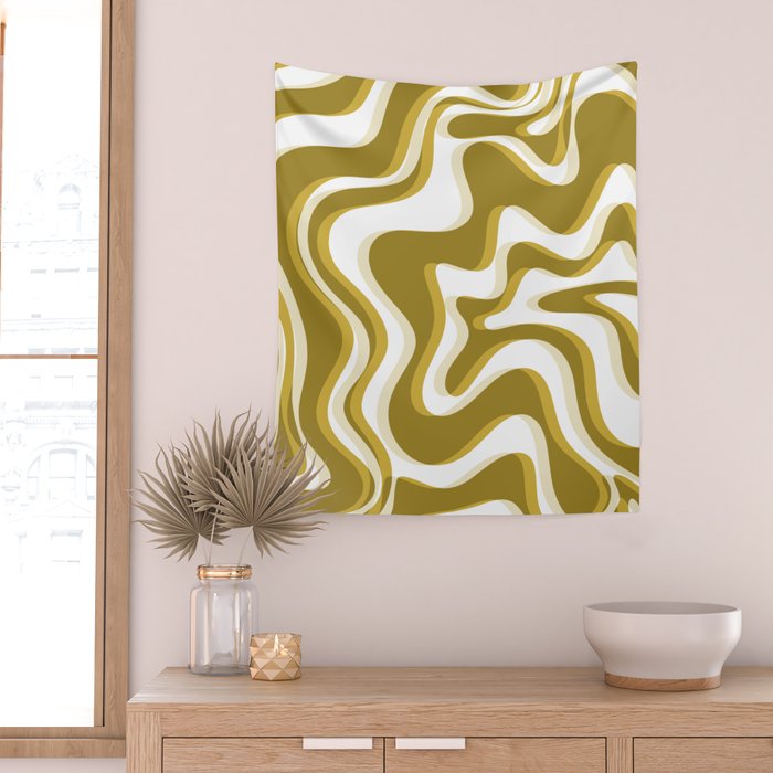 Trippy Glitch Retro Liquid Swirl Psychedelic Dark Mustard Abstract Pattern  Wall Tapestry Gallery Image 2