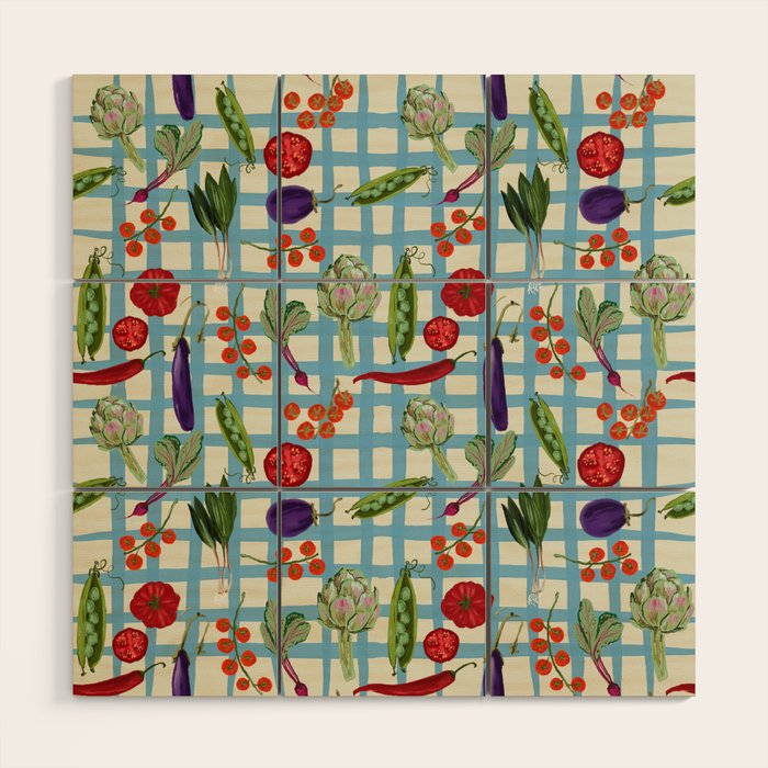 Blue Gingham Farmers Market Pattern Wood Wall Art Gallery Image 1