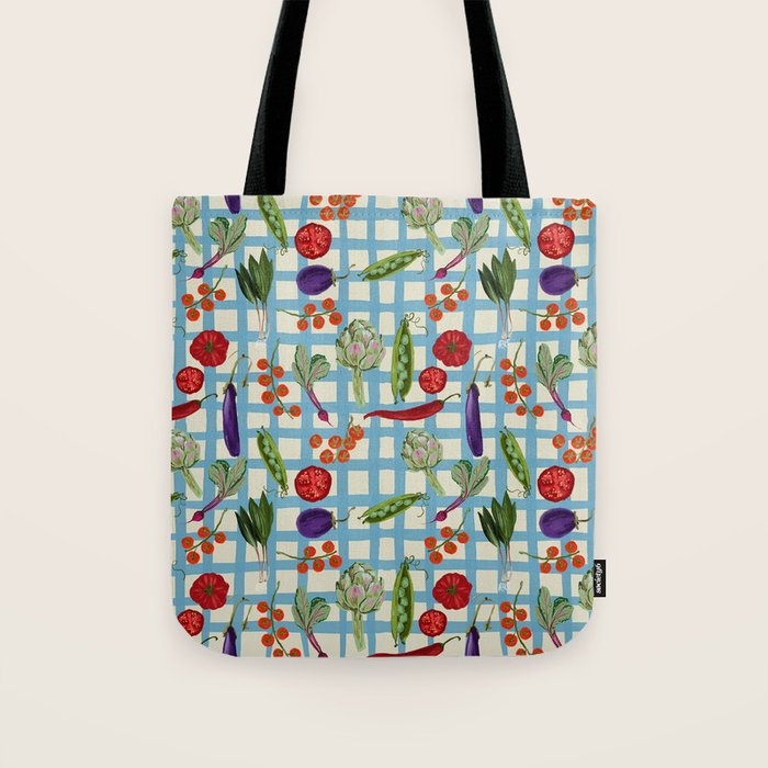 Blue Gingham Farmers Market Pattern Tote Bag Gallery Image 1