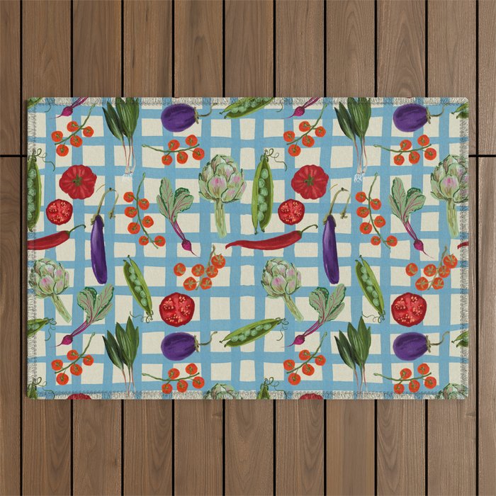 Blue Gingham Farmers Market Pattern Outdoor Rug Gallery Image 1