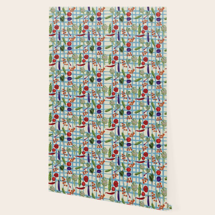 Blue Gingham Farmers Market Pattern Wallpaper Gallery Image 2