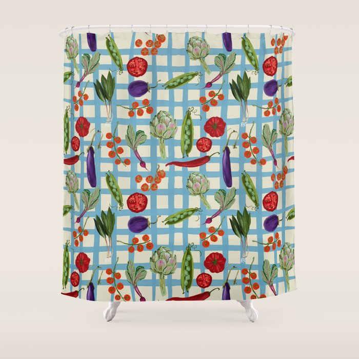 Blue Gingham Farmers Market Pattern Shower Curtain Gallery Image 1