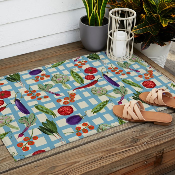 Blue Gingham Farmers Market Pattern Outdoor Rug Gallery Image 2
