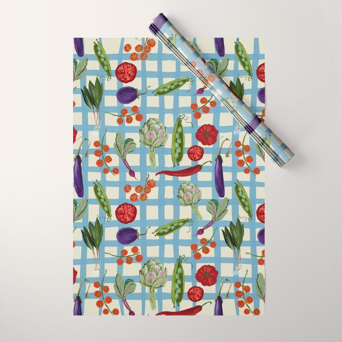 Blue Gingham Farmers Market Pattern Wrapping Paper Gallery Image 1