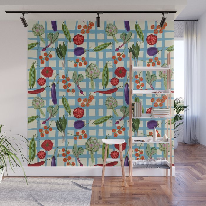 Blue Gingham Farmers Market Pattern Wall Mural Gallery Image 1