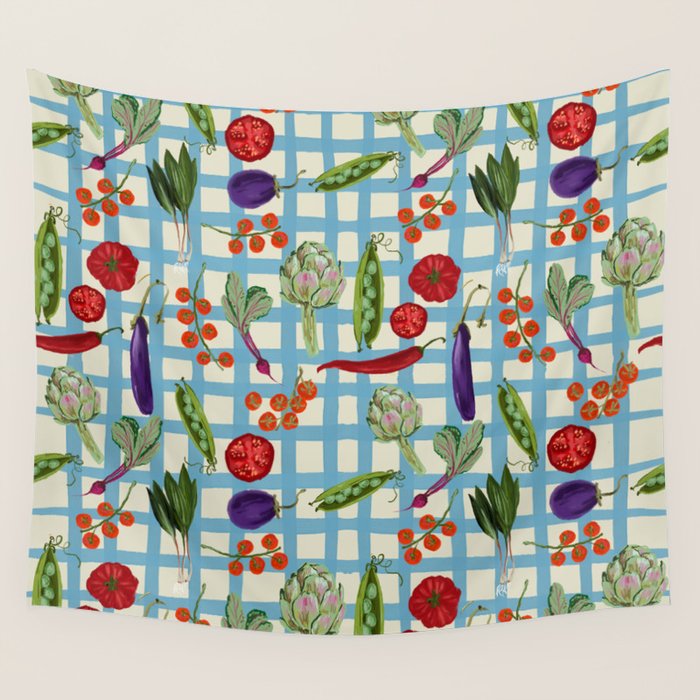 Blue Gingham Farmers Market Pattern Wall Tapestry Gallery Image 4