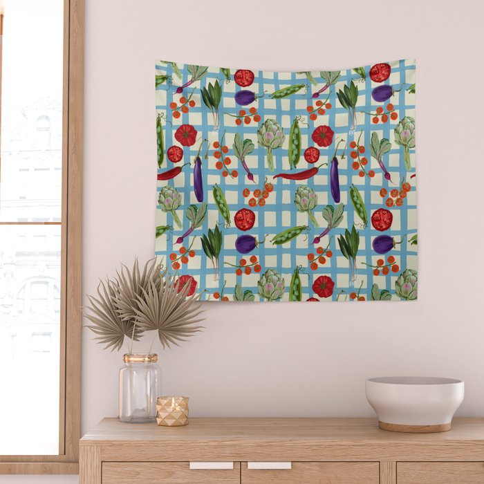Blue Gingham Farmers Market Pattern Wall Tapestry Gallery Image 2