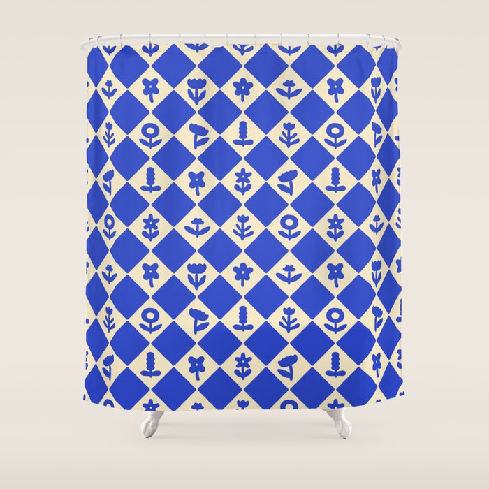 Abstract blue flower collage art pattern Shower Curtain Gallery Image 1