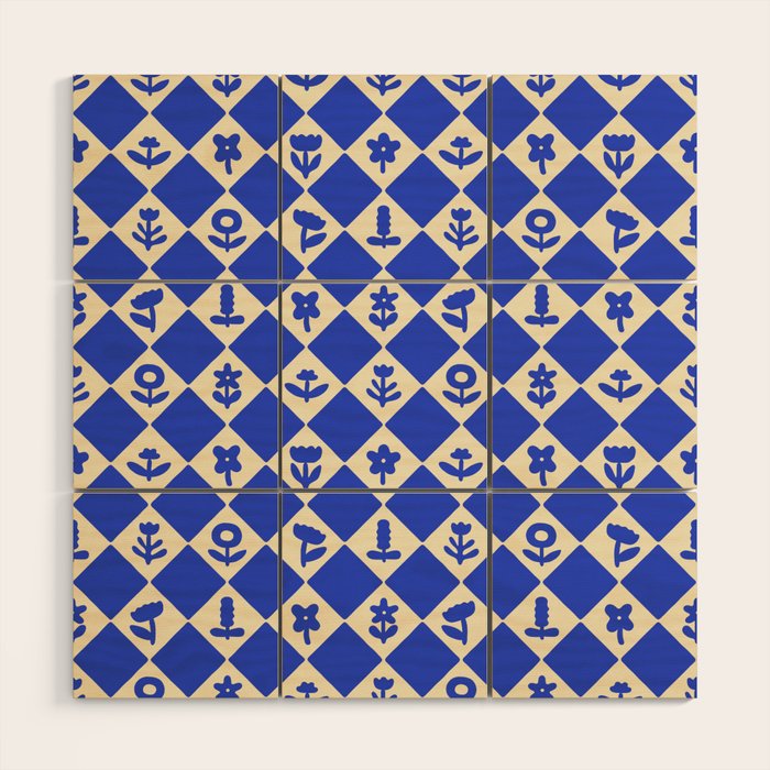 Abstract blue flower collage art pattern Wood Wall Art Gallery Image 1