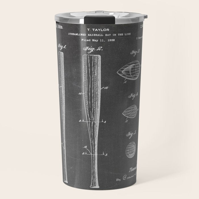 Baseball Bat Patent - Baseball Art - Black Chalkboard Travel Mug Gallery Image 1