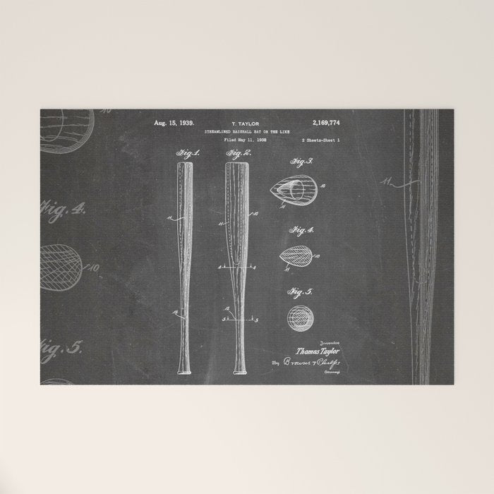 Baseball Bat Patent - Baseball Art - Black Chalkboard Welcome Mat Gallery Image 1