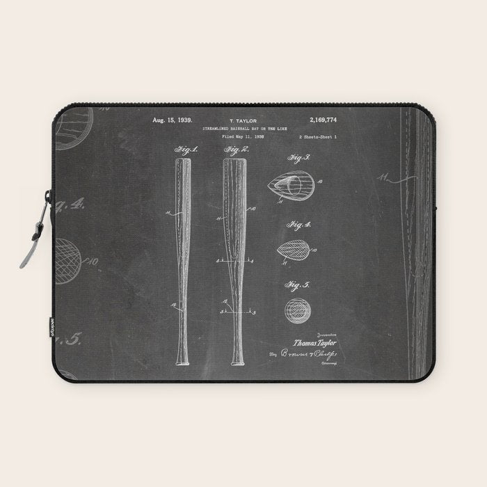 Baseball Bat Patent - Baseball Art - Black Chalkboard Laptop Sleeve Gallery Image 1