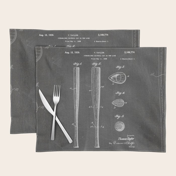 Baseball Bat Patent - Baseball Art - Black Chalkboard Placemat Gallery Image 1