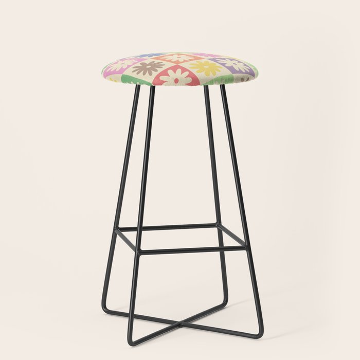 Colorful Flower Checkered Pattern Stool Gallery Image 1