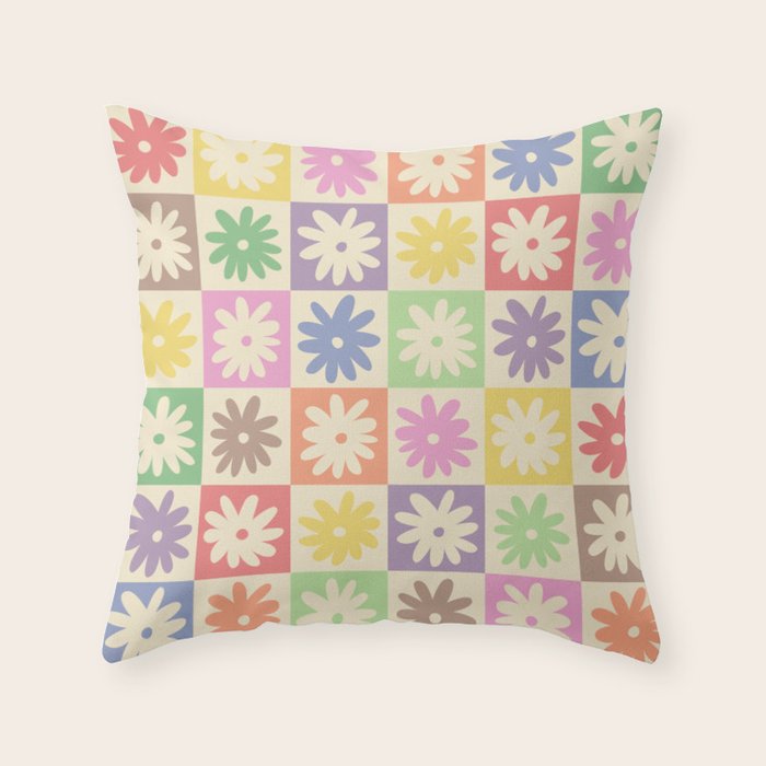 Colorful Flower Checkered Pattern Throw Pillow Gallery Image 1