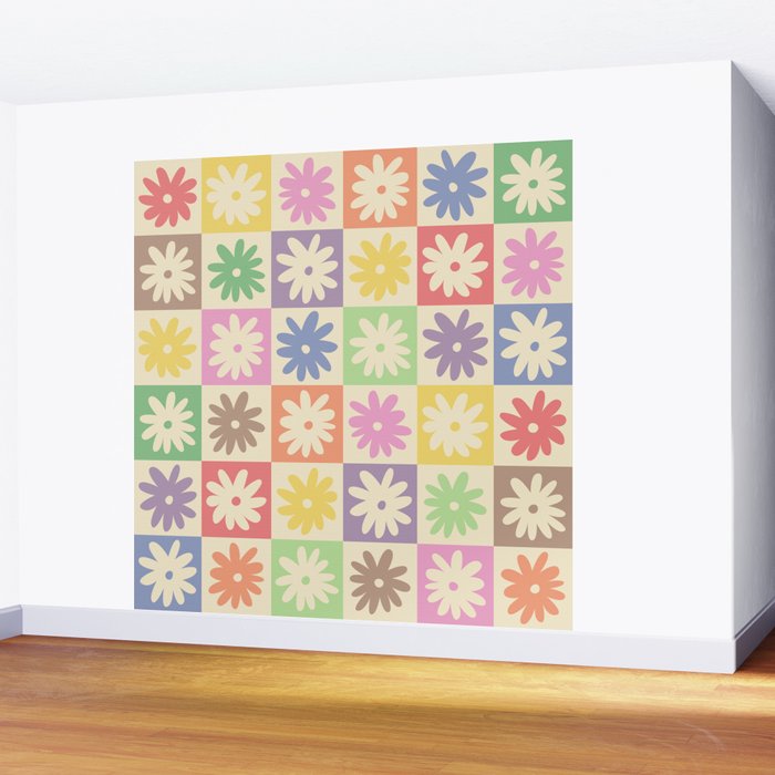 Colorful Flower Checkered Pattern Wall Mural Gallery Image 2
