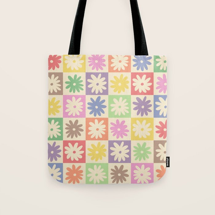 Colorful Flower Checkered Pattern Tote Bag Gallery Image 1