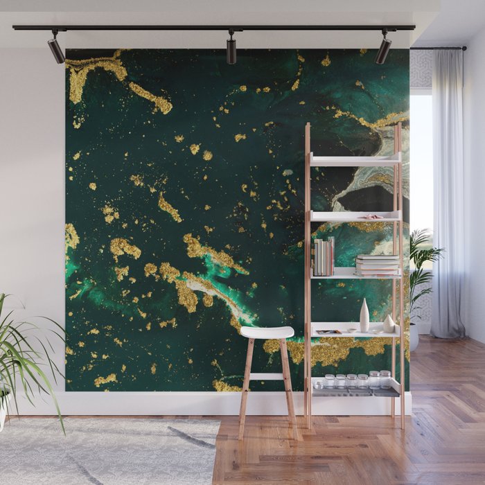 Abstract Pour Painting Liquid Marble Abstract Dark Green Painting Gold Accent Agate Stone Layers Wall Mural Gallery Image 1