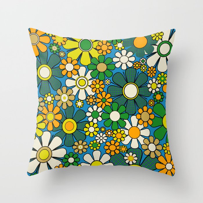 Retro Garden Groovy Maximalist Gingham Flowers 60s 70s Floral Pattern Green Blue Orange Yellow Throw Pillow Gallery Image 1