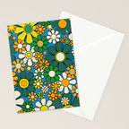 Retro Garden Groovy Maximalist Gingham Flowers 60s 70s Floral Pattern Green Blue Orange Yellow Stationery Card Gallery Image 2