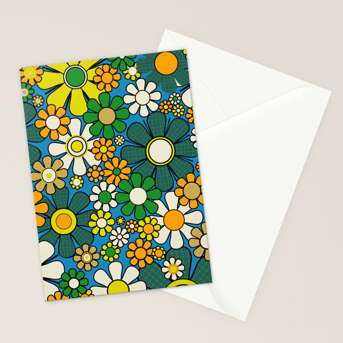 Retro Garden Groovy Maximalist Gingham Flowers 60s 70s Floral Pattern Green Blue Orange Yellow Stationery Card Gallery Image 2