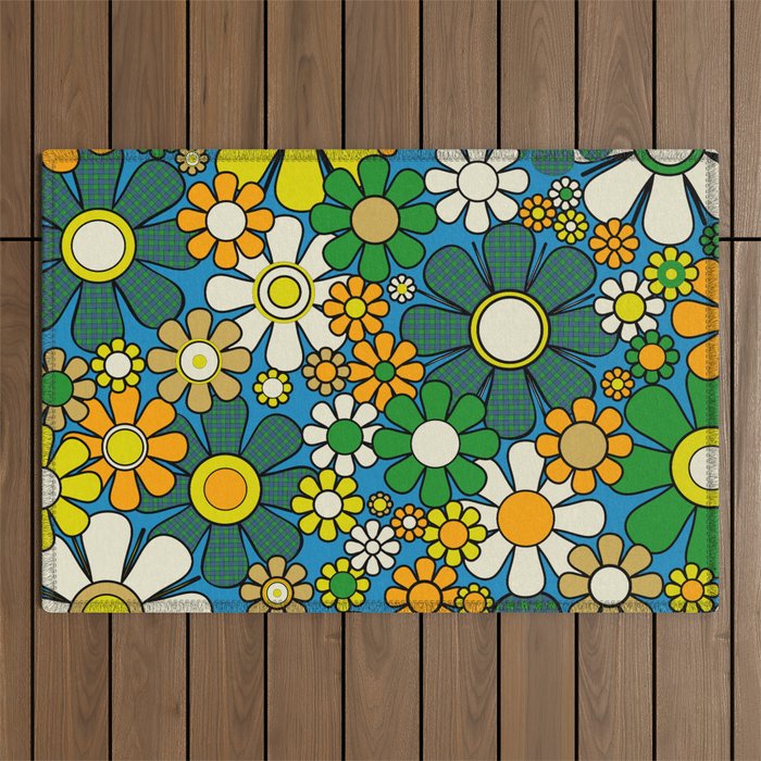 Retro Garden Groovy Maximalist Gingham Flowers 60s 70s Floral Pattern Green Blue Orange Yellow Outdoor Rug Gallery Image 1