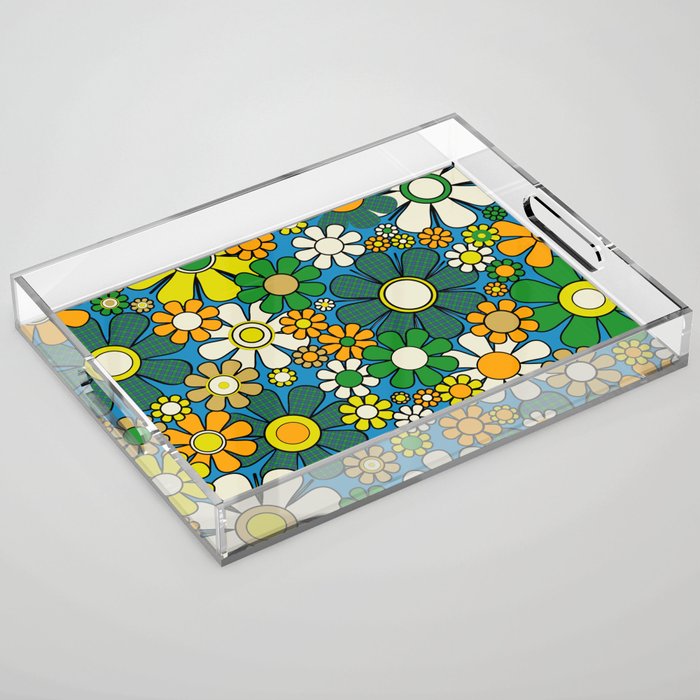 Retro Garden Groovy Maximalist Gingham Flowers 60s 70s Floral Pattern Green Blue Orange Yellow Acrylic Tray Gallery Image 1