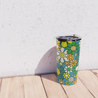 Retro Garden Groovy Maximalist Gingham Flowers 60s 70s Floral Pattern Green Blue Orange Yellow Travel Mug Gallery Image 4
