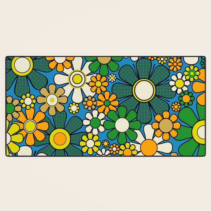 Retro Garden Groovy Maximalist Gingham Flowers 60s 70s Floral Pattern Green Blue Orange Yellow Desk Mat Gallery Image 3